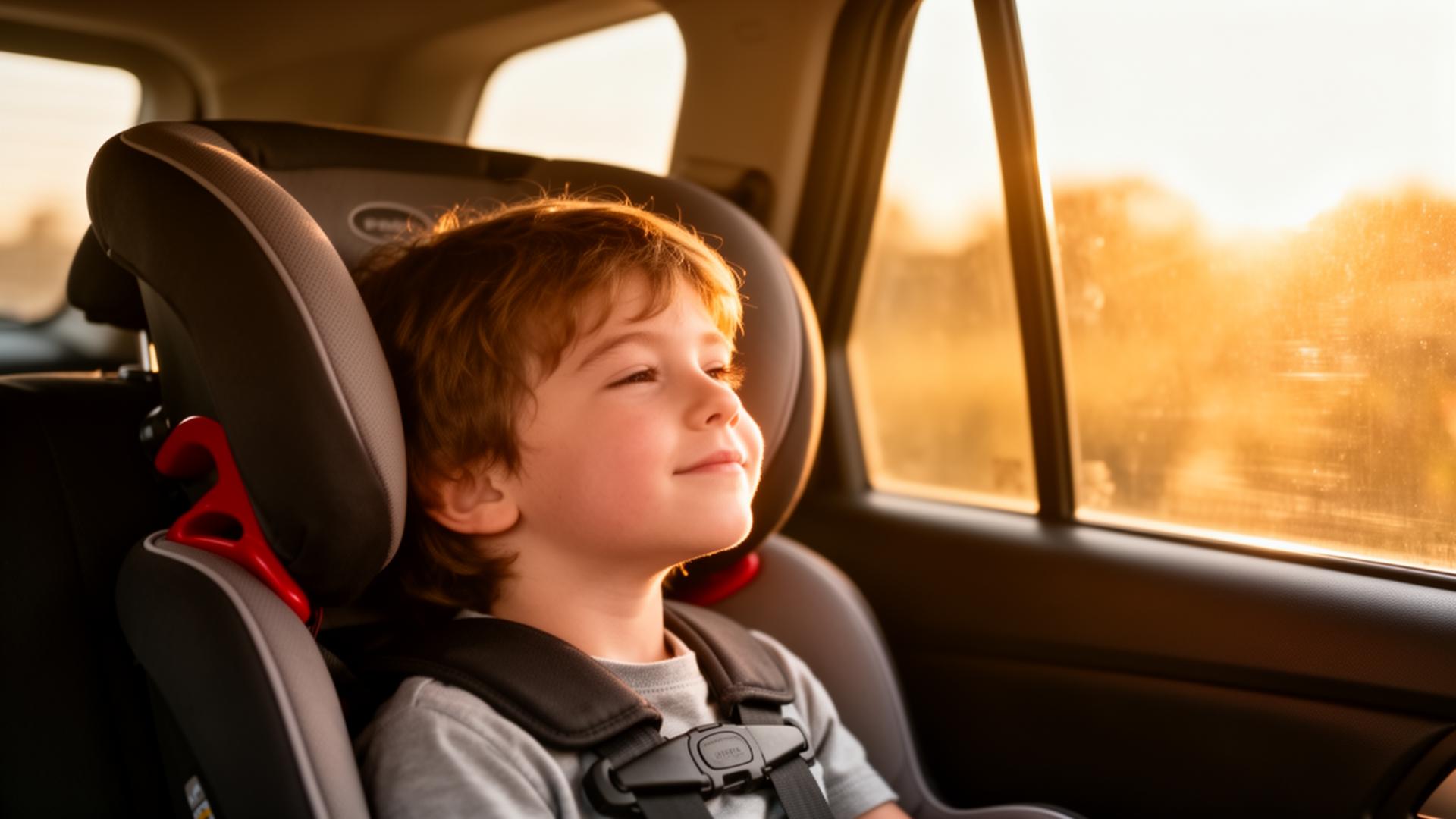 A calm child in a rear booster seat looking out the side window at golden-hour light